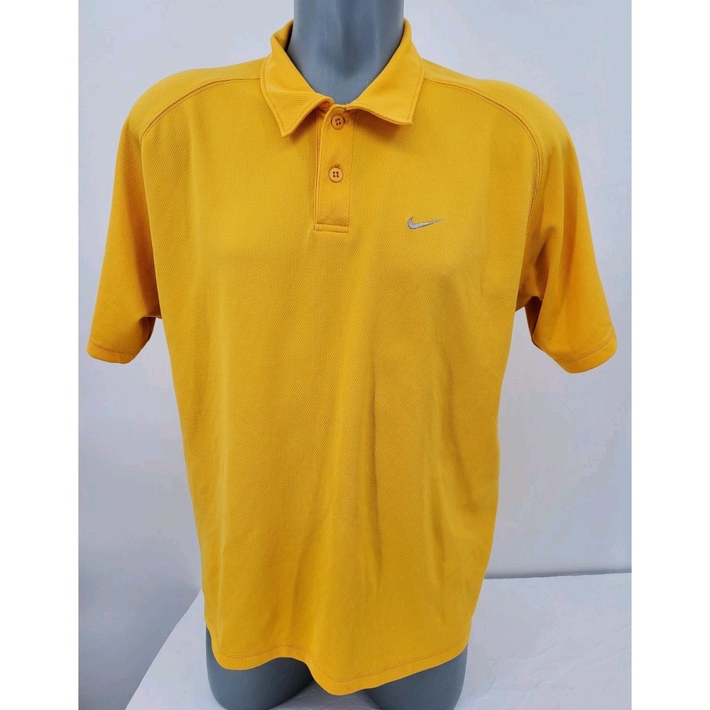 Nike Yellow Short Sleeve Golf Polo Shirt Men's Large 100% Polyester Gray Swoosh